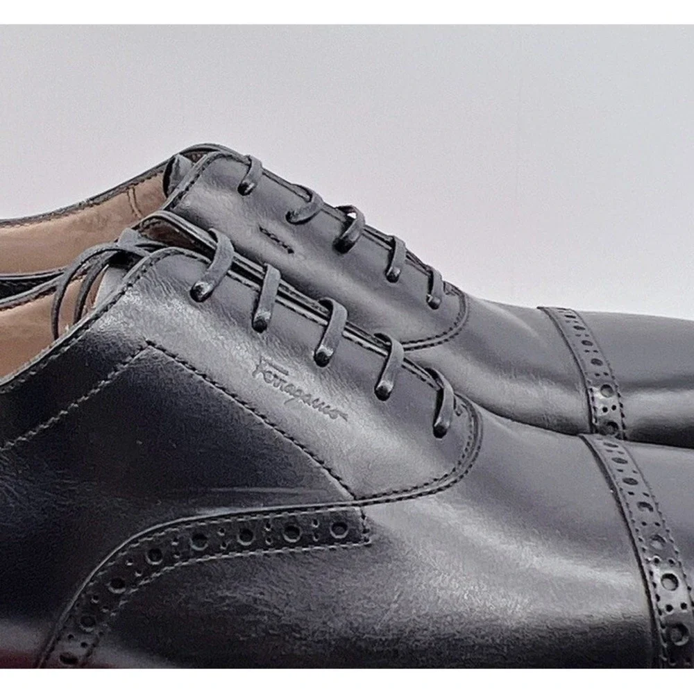 Salvatore Ferragamo Riley Men Dress Shoes Lace Up Oxfords Black Leather US 7 EE
